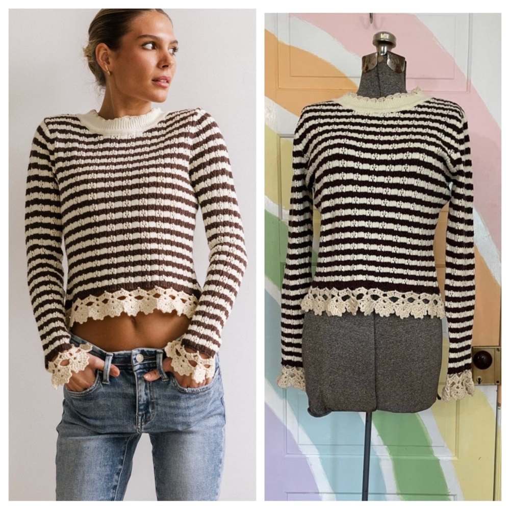 Bohme NWT Striped Crochet Trim Sweater Womens Medium Brown Cream
